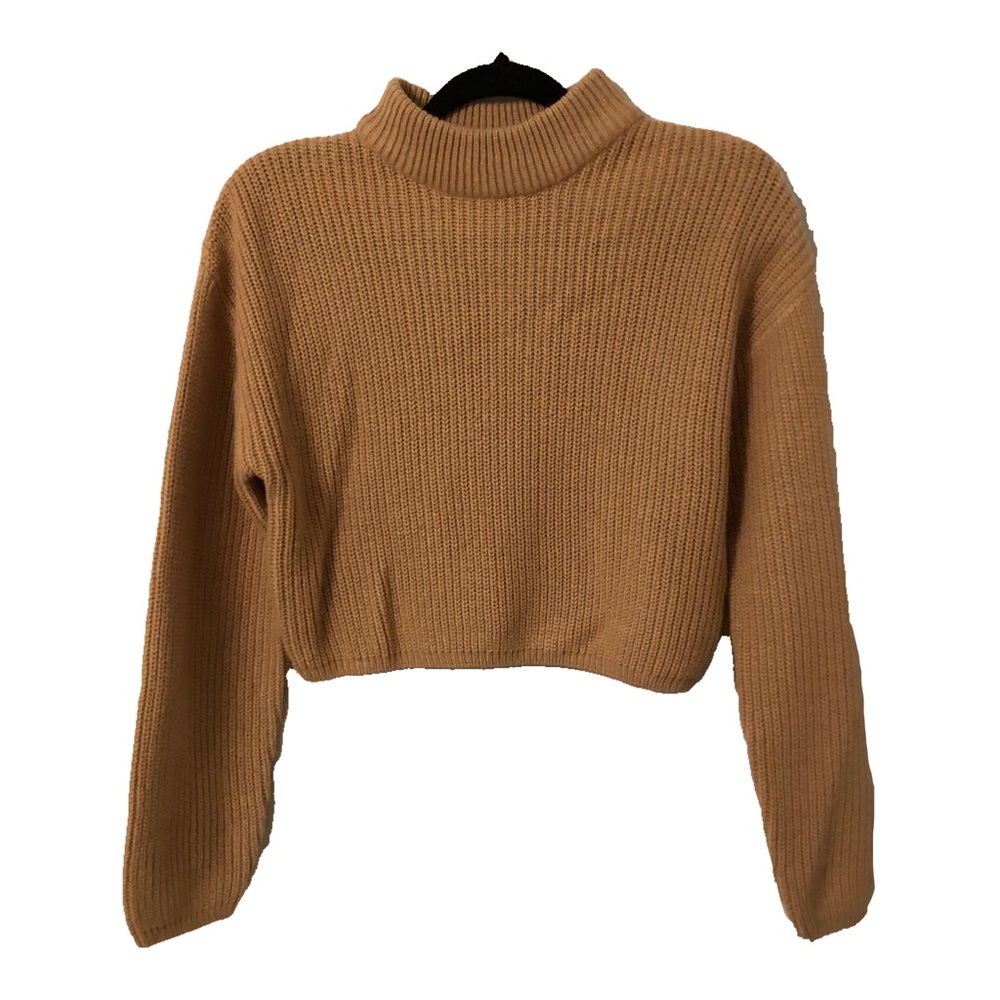 Tan Knit Mock Neck Crop Sweater